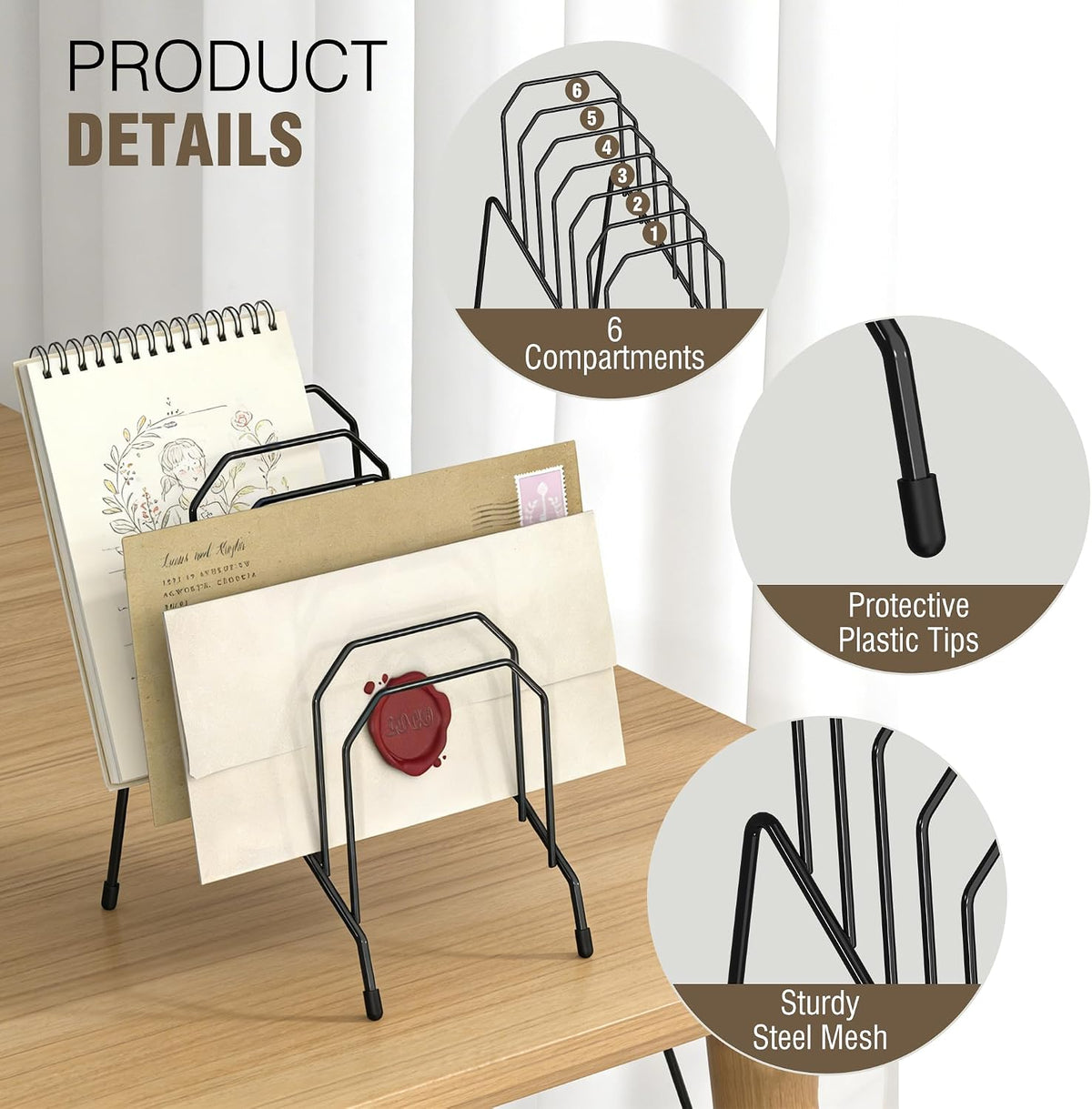 Incline Desk Mail Organizer Letter Holder Rack with 6-Section