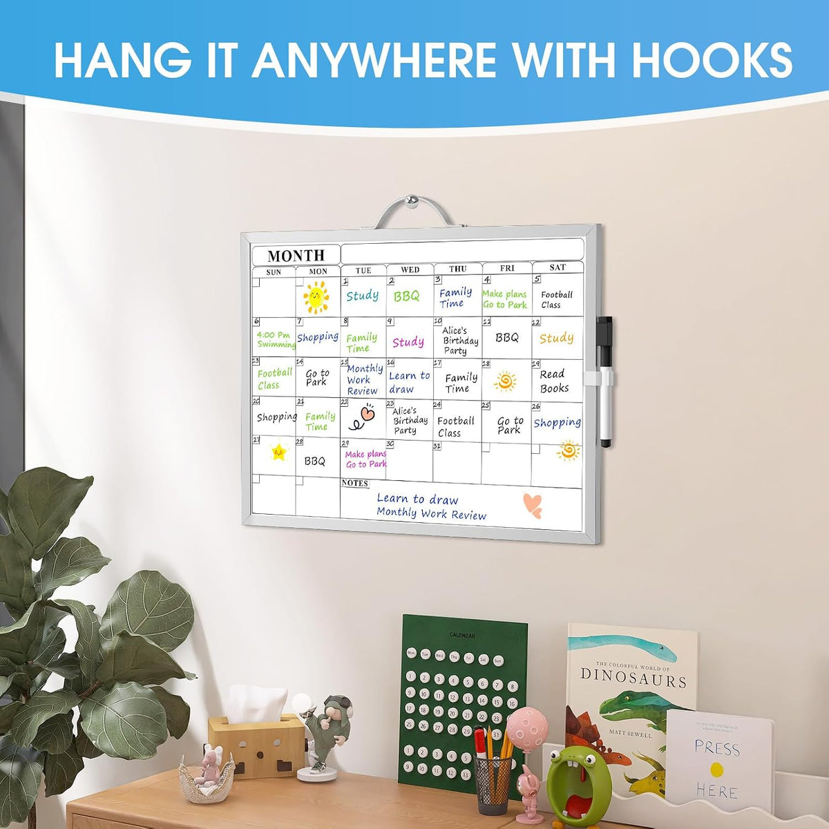 Monthly Calendar Whiteboard, Magnetic Double-Sided Board, 16" x 12"