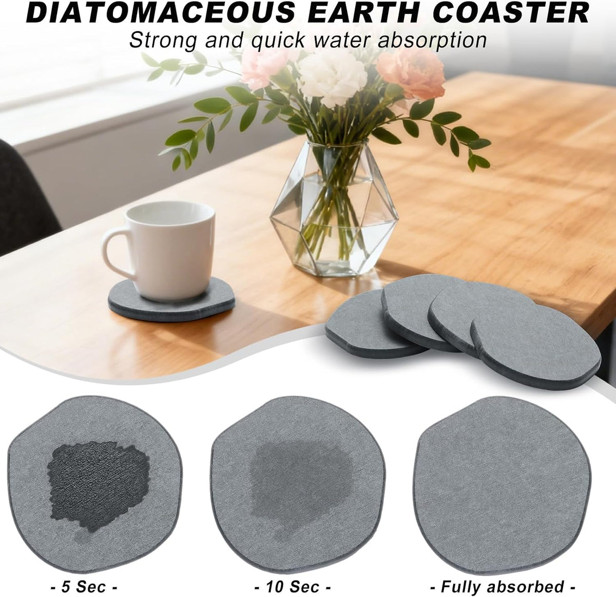 6Pcs Absorbent Diatomaceous Earth Coasters Set with Velvet Bottom