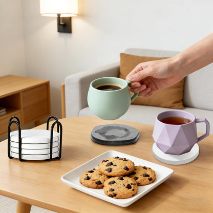 6Pcs Absorbent Diatomaceous Earth Coasters Set with Velvet Bottom