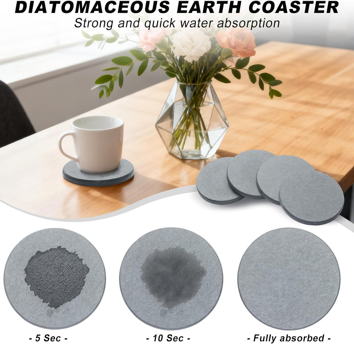 6Pcs Absorbent Diatomaceous Earth Coasters Set with Velvet Bottom