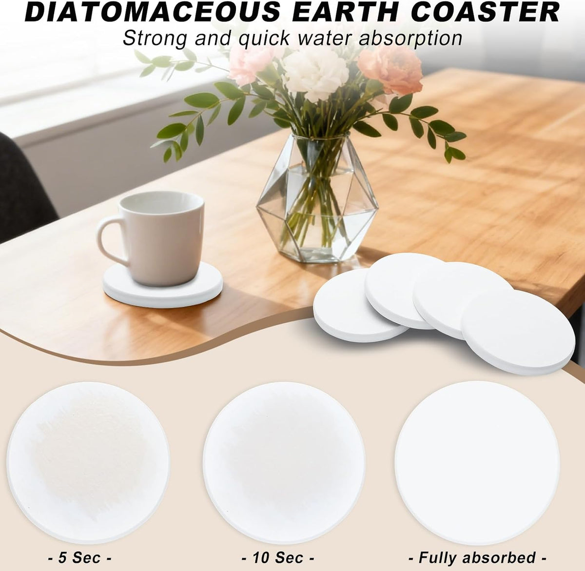 6Pcs Absorbent Diatomaceous Earth Coasters Set with Velvet Bottom