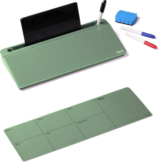Birch Desktop Glass Whiteboard with Magnetic Weekly Calendar – Dry Erase Board, Keyboard Stand, Hidden Storage, Adjustable Dividers, 3 Markers & Eraser – Office, Home, School – Moss