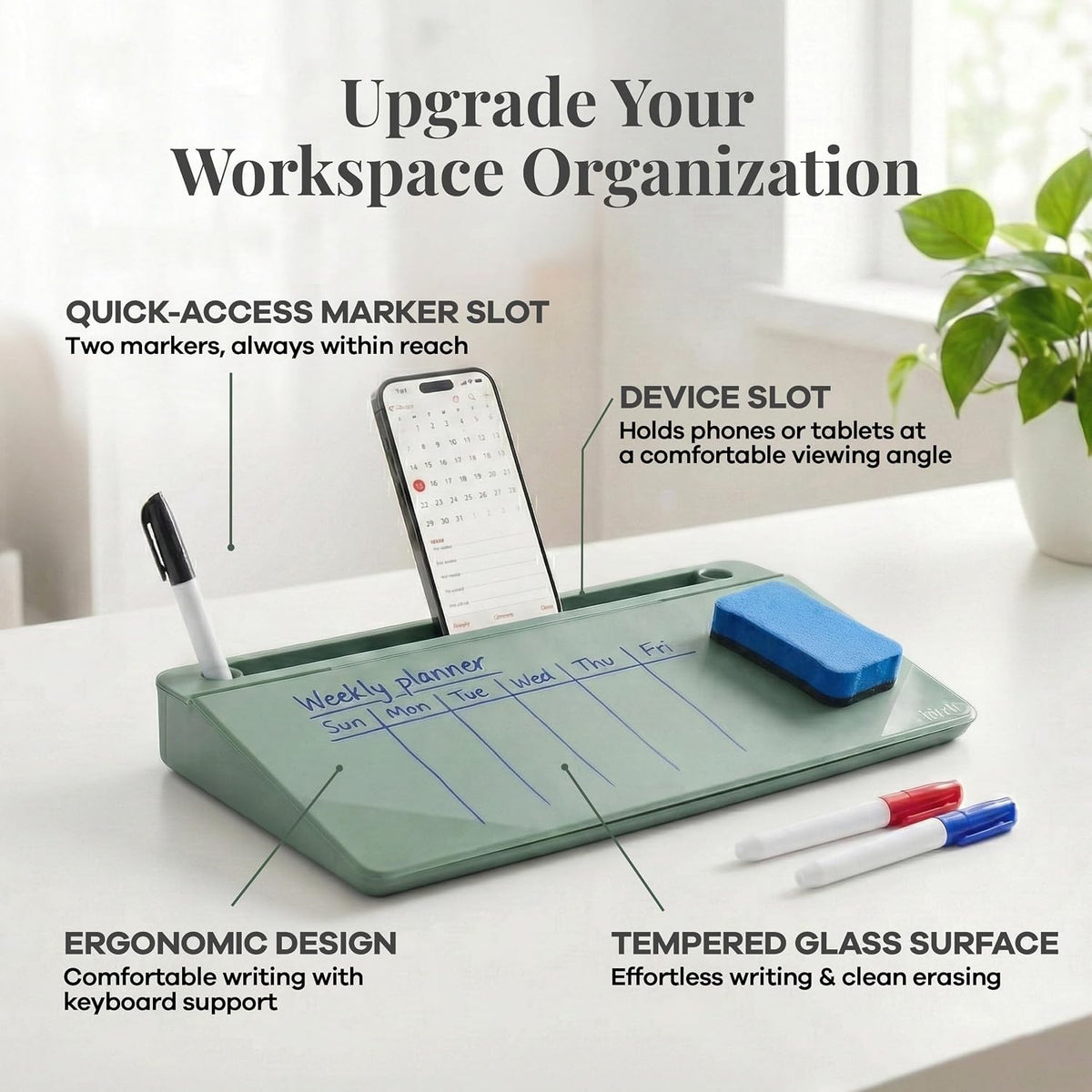 Birch Desktop Glass Whiteboard with Magnetic Weekly Calendar – Dry Erase Board, Keyboard Stand, Hidden Storage, Adjustable Dividers, 3 Markers & Eraser – Office, Home, School – Moss