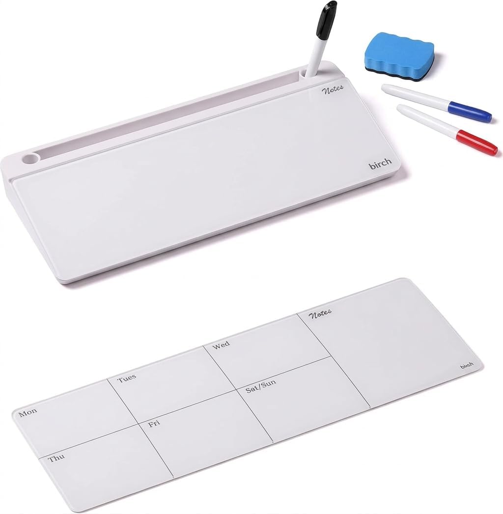 Birch Desktop Glass Whiteboard with Magnetic Weekly Calendar – Dry Erase Board, Keyboard Stand, Hidden Storage, Adjustable Dividers, 3 Markers & Eraser – Office, Home, School – Moss