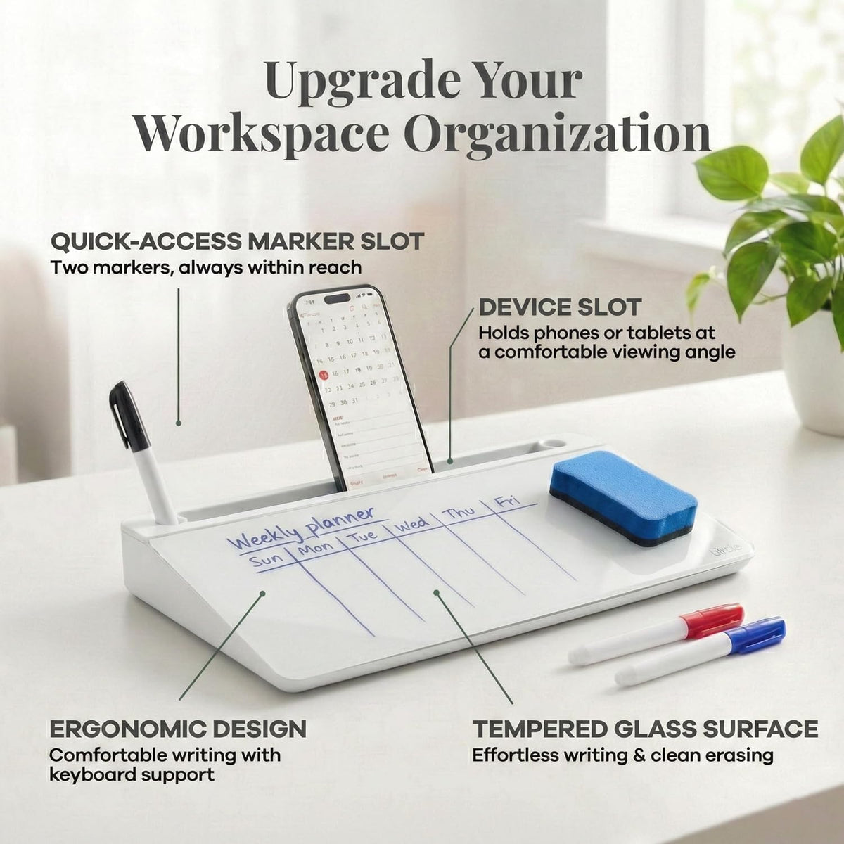 Birch Desktop Glass Whiteboard with Magnetic Weekly Calendar – Dry Erase Board, Keyboard Stand, Hidden Storage, Adjustable Dividers, 3 Markers & Eraser – Office, Home, School – Moss