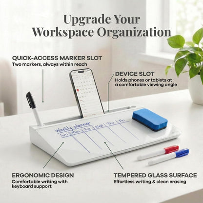 Birch Desktop Glass Whiteboard with Magnetic Weekly Calendar – Dry Erase Board, Keyboard Stand, Hidden Storage, Adjustable Dividers, 3 Markers & Eraser – Office, Home, School – Moss