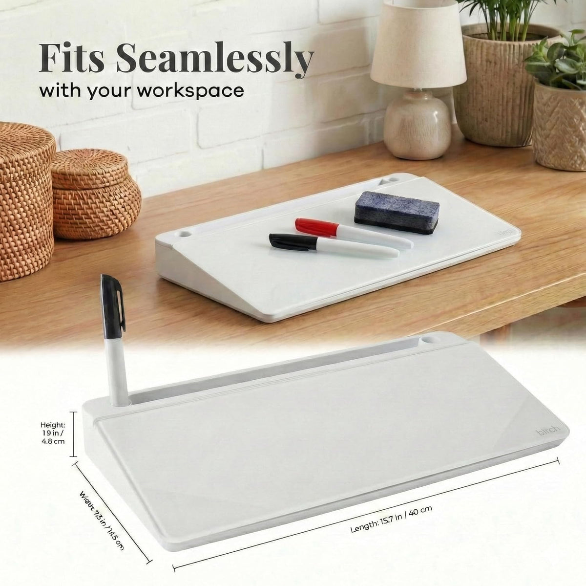 Birch Desktop Glass Whiteboard with Magnetic Weekly Calendar – Dry Erase Board, Keyboard Stand, Hidden Storage, Adjustable Dividers, 3 Markers & Eraser – Office, Home, School – Moss
