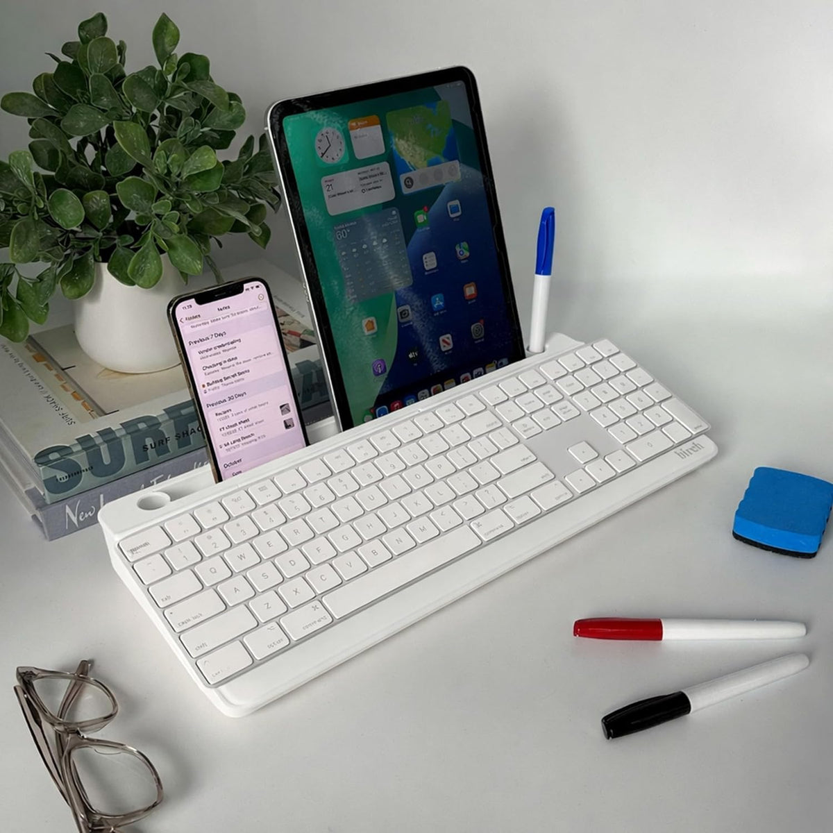 Birch Desktop Glass Whiteboard with Magnetic Weekly Calendar – Dry Erase Board, Keyboard Stand, Hidden Storage, Adjustable Dividers, 3 Markers & Eraser – Office, Home, School – Moss