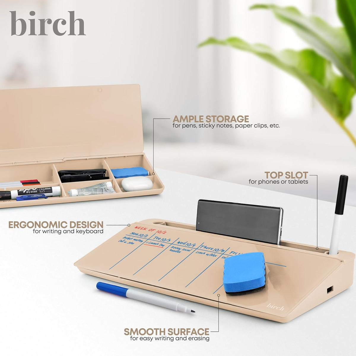 Birch Desktop Glass Whiteboard with Magnetic Weekly Calendar – Dry Erase Board, Keyboard Stand, Hidden Storage, Adjustable Dividers, 3 Markers & Eraser – Office, Home, School – Moss