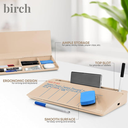 Birch Desktop Glass Whiteboard with Magnetic Weekly Calendar – Dry Erase Board, Keyboard Stand, Hidden Storage, Adjustable Dividers, 3 Markers & Eraser – Office, Home, School – Moss