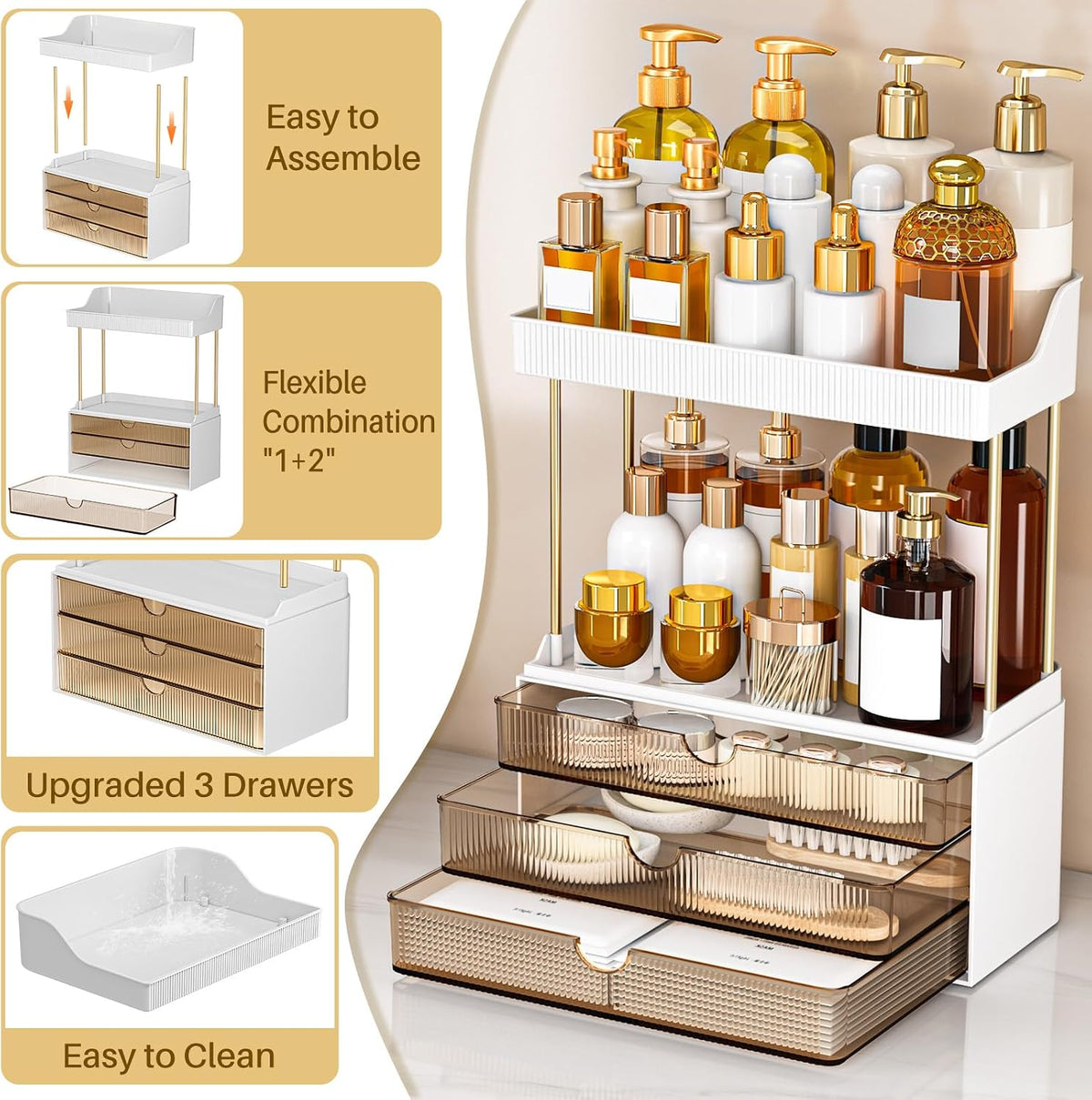caktraie 3-Drawer 2-Tier Acrylic Makeup & Bathroom Vanity Organizer