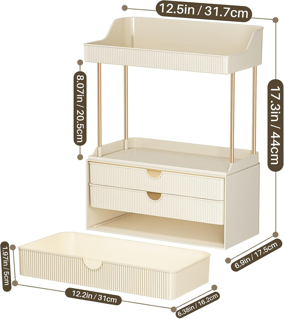 caktraie 3-Drawer 2-Tier Acrylic Makeup & Bathroom Vanity Organizer