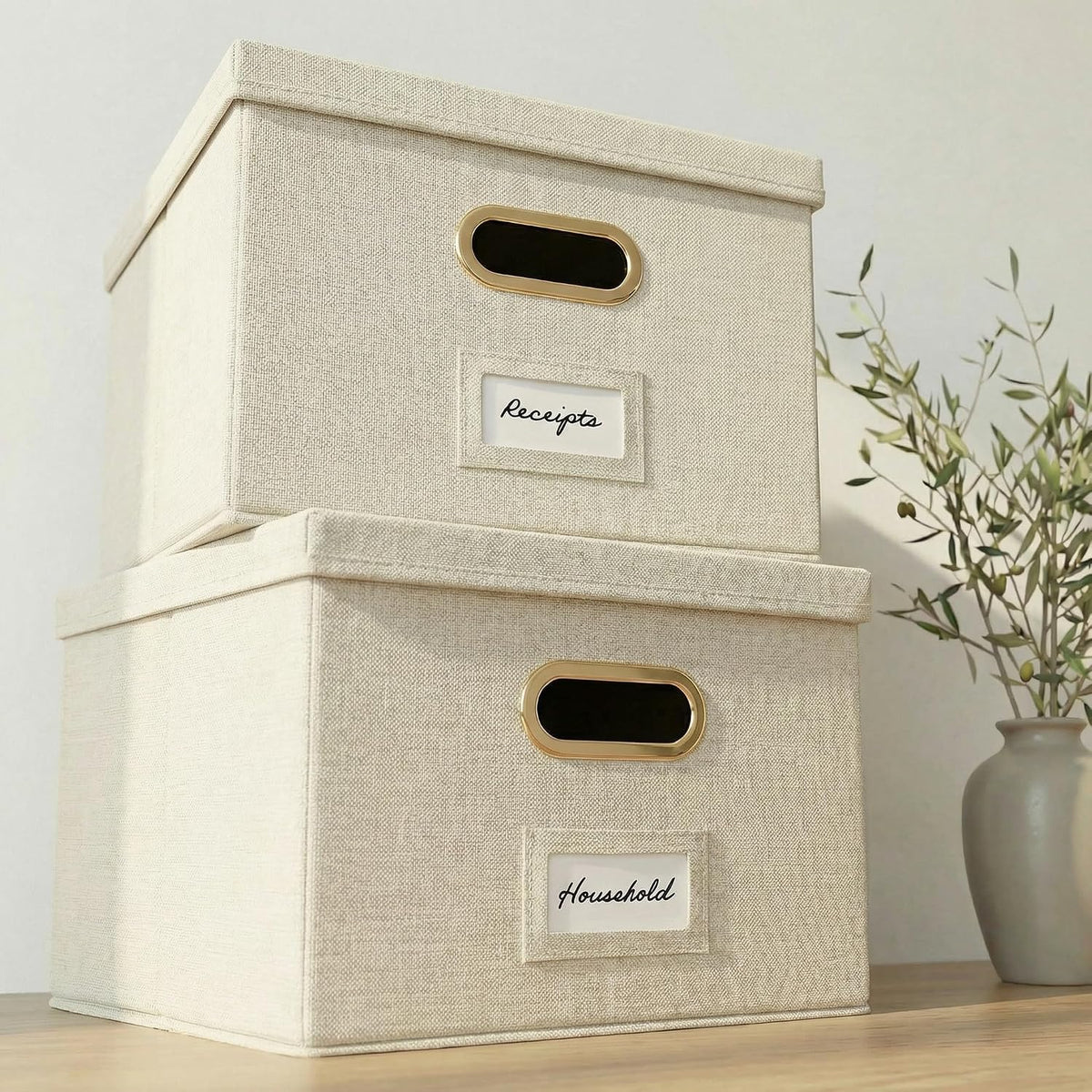 Decorative File Organizer Box Set of 2 - Collapsible Linen Filing Cabinets
