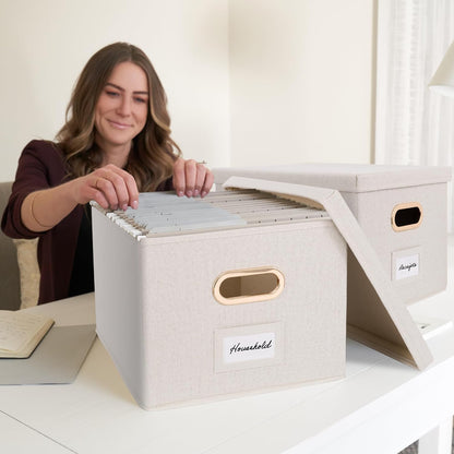 Decorative File Organizer Box Set of 2 - Collapsible Linen Filing Cabinets