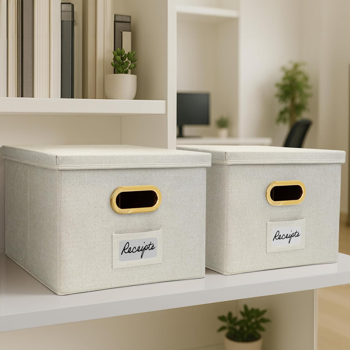 Decorative File Organizer Box Set of 2 - Collapsible Linen Filing Cabinets