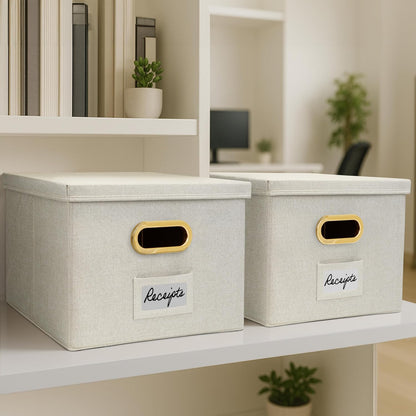 Decorative File Organizer Box Set of 2 - Collapsible Linen Filing Cabinets