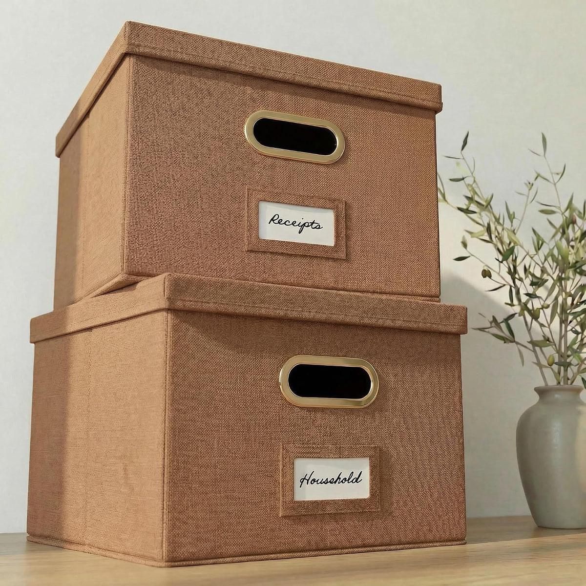 Decorative File Organizer Box Set of 2 - Collapsible Linen Filing Cabinets