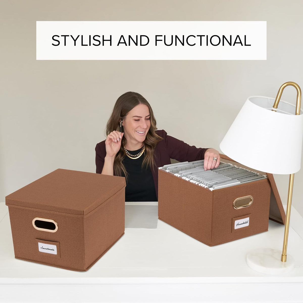 Decorative File Organizer Box Set of 2 - Collapsible Linen Filing Cabinets