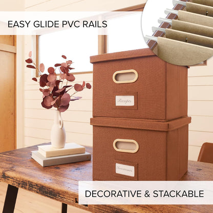 Decorative File Organizer Box Set of 2 - Collapsible Linen Filing Cabinets