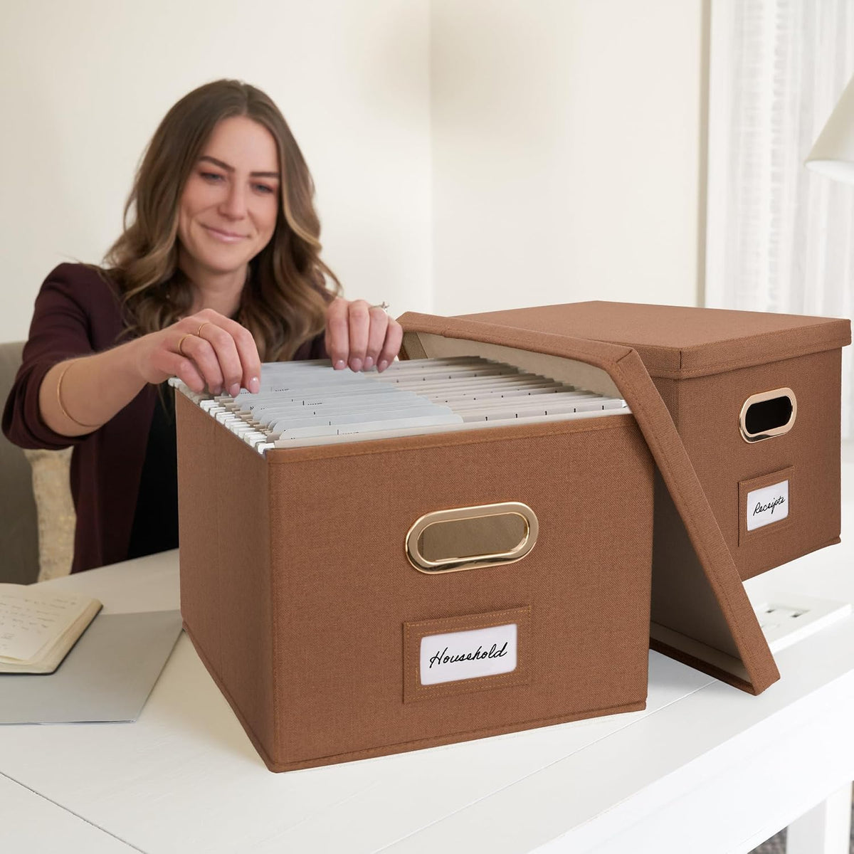 Decorative File Organizer Box Set of 2 - Collapsible Linen Filing Cabinets