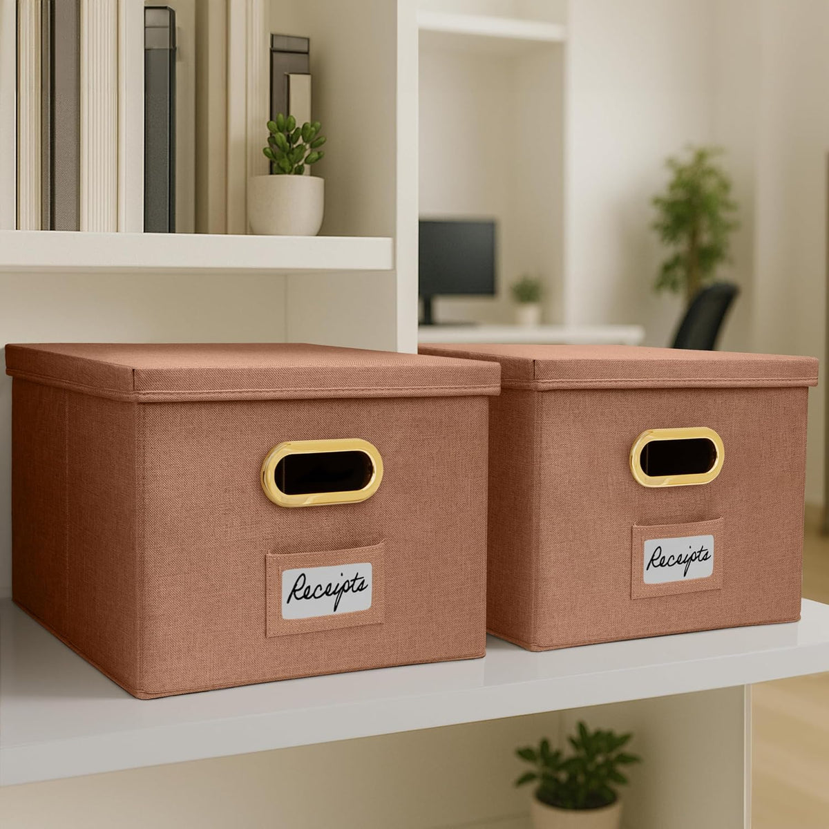 Decorative File Organizer Box Set of 2 - Collapsible Linen Filing Cabinets