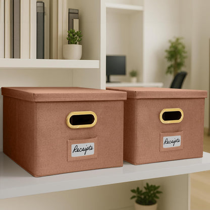 Decorative File Organizer Box Set of 2 - Collapsible Linen Filing Cabinets