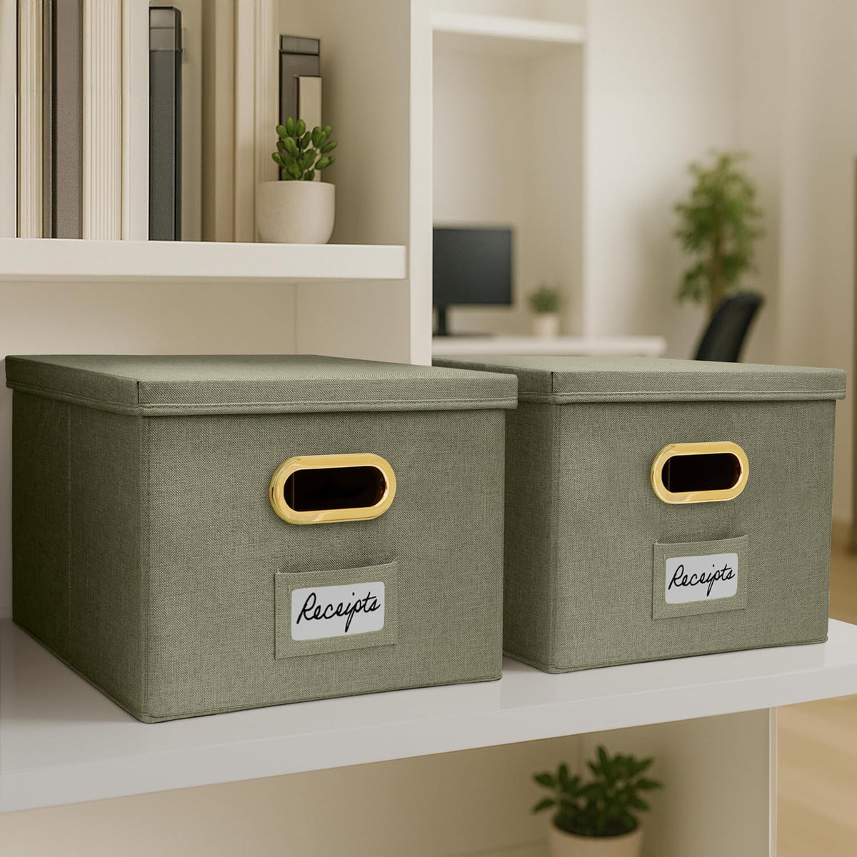 Decorative File Organizer Box Set of 2 - Collapsible Linen Filing Cabinets