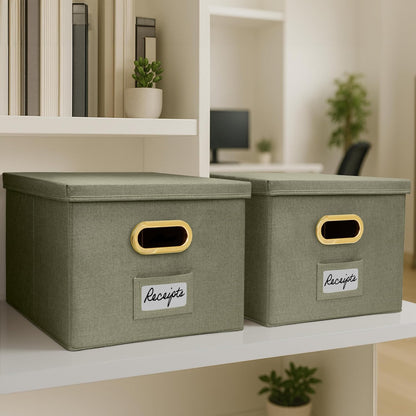 Decorative File Organizer Box Set of 2 - Collapsible Linen Filing Cabinets