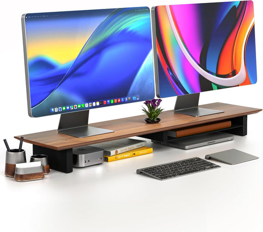 Solid Wood Dual Monitor Stand Riser, 42 Inch Walnut Desk Shelf