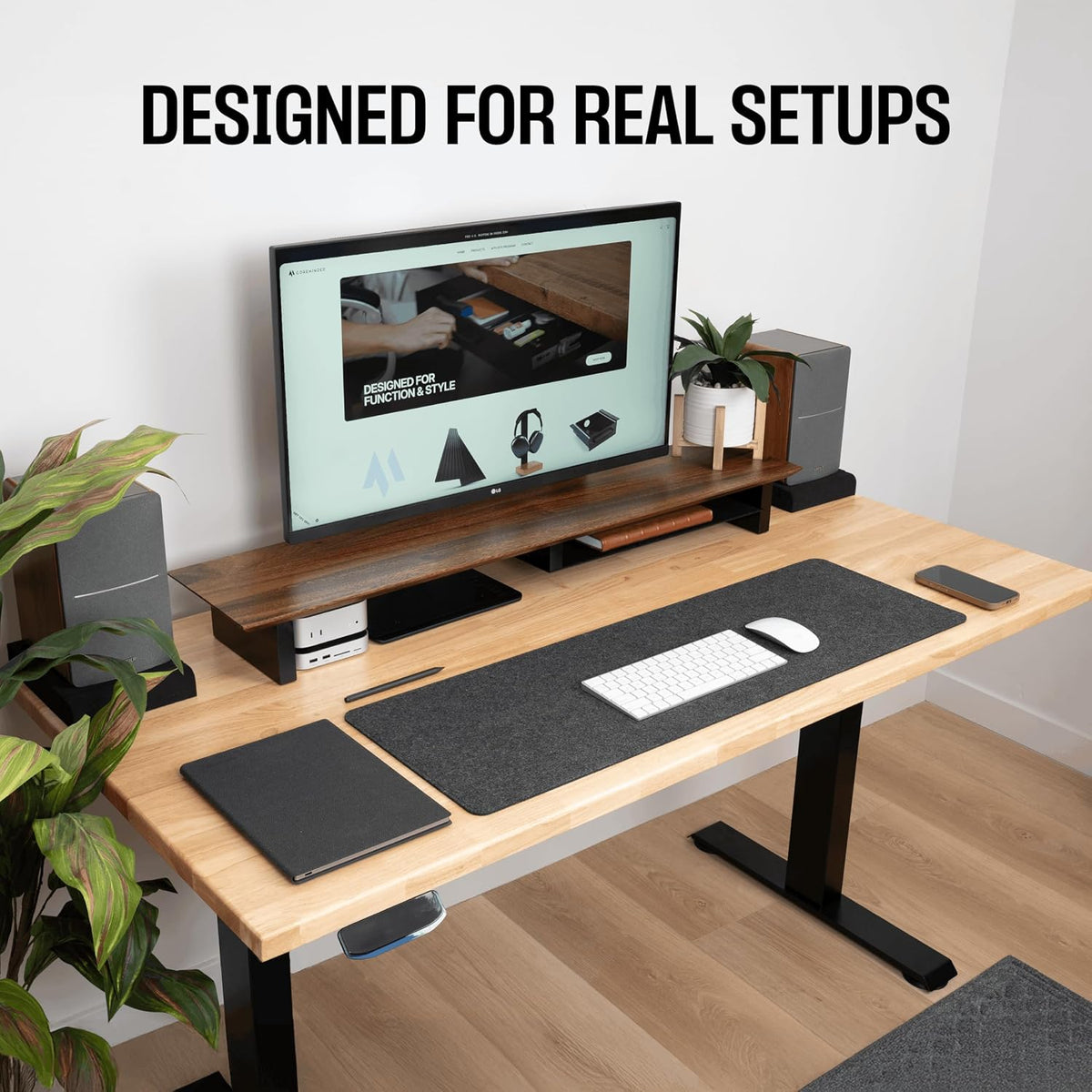 Solid Wood Dual Monitor Stand Riser, 42 Inch Walnut Desk Shelf