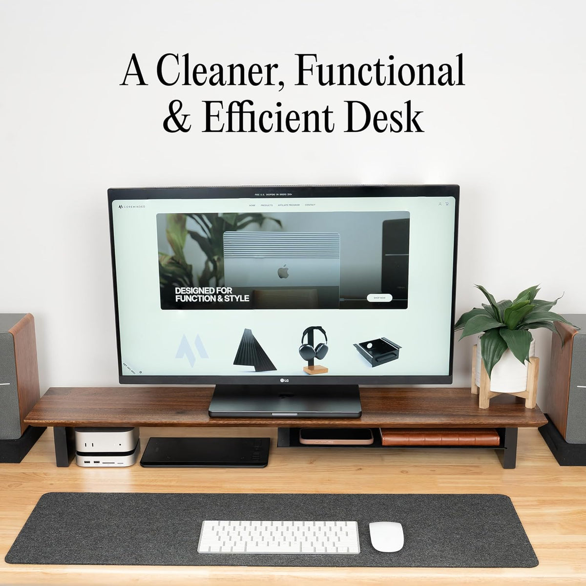 Solid Wood Dual Monitor Stand Riser, 42 Inch Walnut Desk Shelf