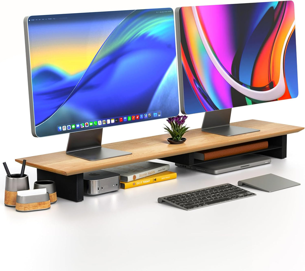 Solid Wood Dual Monitor Stand Riser, 42 Inch Walnut Desk Shelf