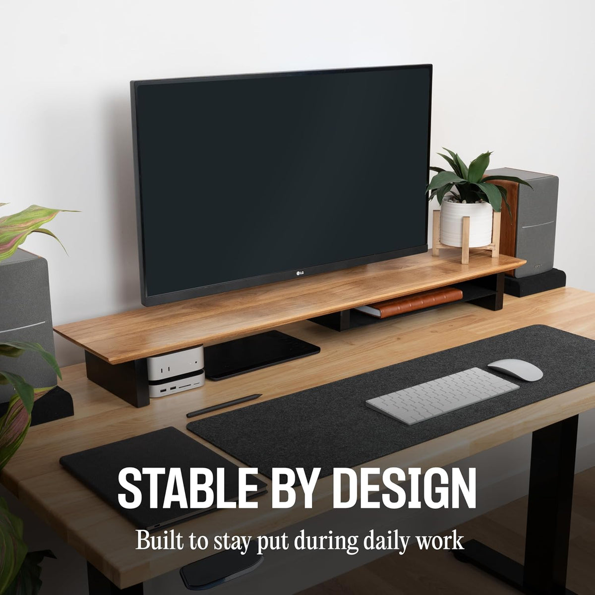 Solid Wood Dual Monitor Stand Riser, 42 Inch Walnut Desk Shelf