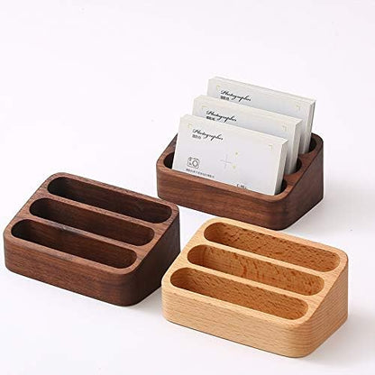 Wooden Business Card Holder for Desk, 3 Card Slots Business Card Display Holder Stand