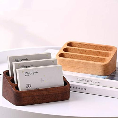 Wooden Business Card Holder for Desk, 3 Card Slots Business Card Display Holder Stand