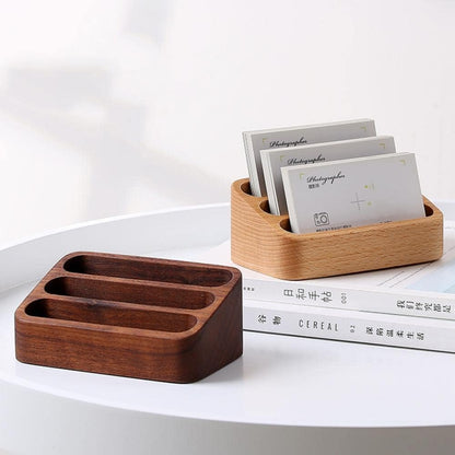 Wooden Business Card Holder for Desk, 3 Card Slots Business Card Display Holder Stand