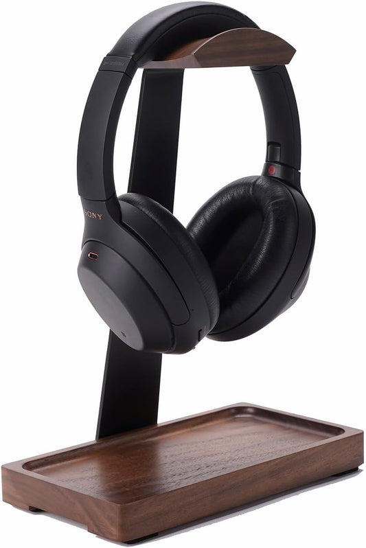 Walnut Headphone Stand, Wood Headset Stand for Desk with Storage