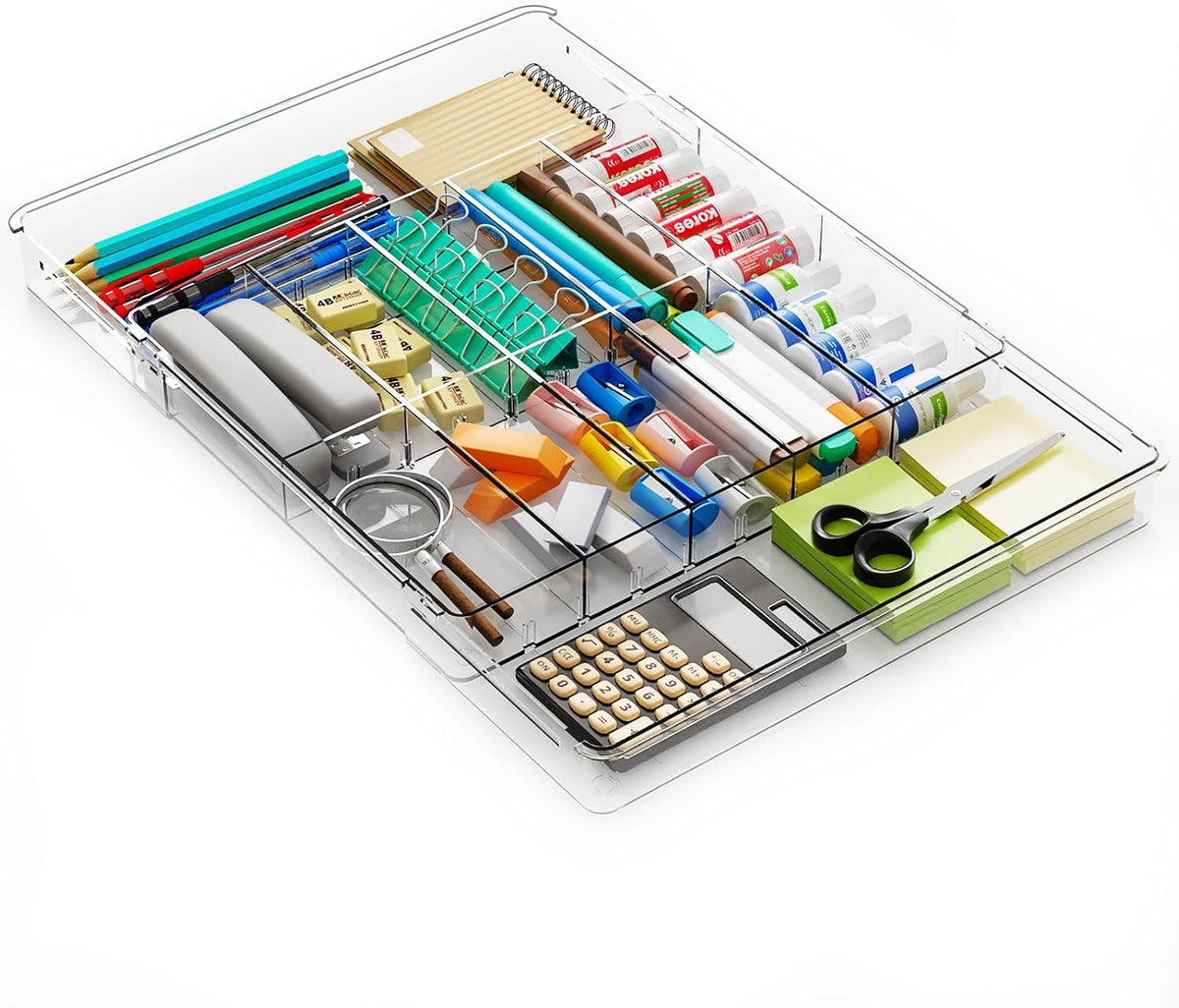 Large Expandable Desk Drawer Organizer Tray for Office Supplies and Accessories With 12 Adjustable Compartments,Office Drawer Organizers for Pencil,Pen and Kitchen Junk Drawer Organizer,Clear