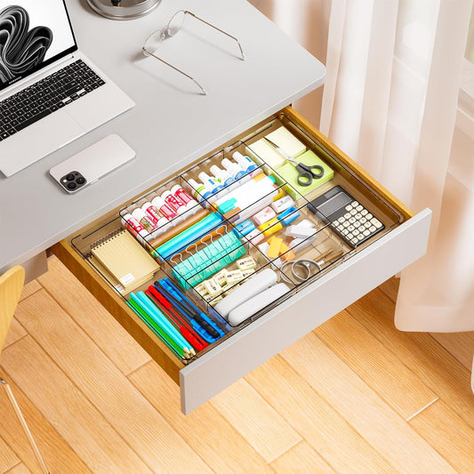 Large Expandable Desk Drawer Organizer Tray for Office Supplies and Accessories With 12 Adjustable Compartments,Office Drawer Organizers for Pencil,Pen and Kitchen Junk Drawer Organizer,Clear
