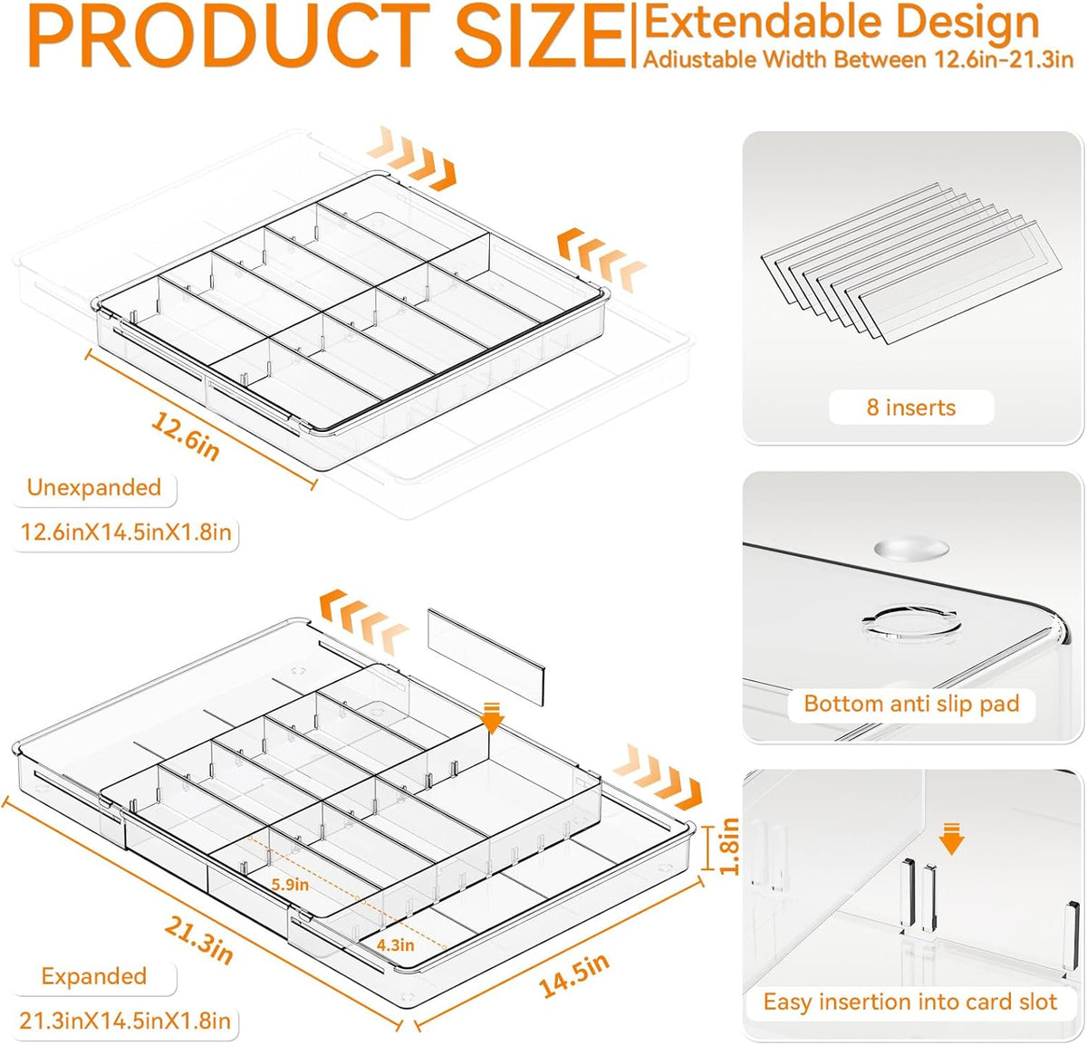 Large Expandable Desk Drawer Organizer Tray for Office Supplies and Accessories With 12 Adjustable Compartments,Office Drawer Organizers for Pencil,Pen and Kitchen Junk Drawer Organizer,Clear