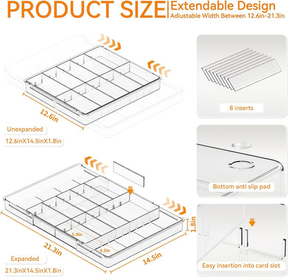 Large Expandable Desk Drawer Organizer Tray for Office Supplies and Accessories With 12 Adjustable Compartments,Office Drawer Organizers for Pencil,Pen and Kitchen Junk Drawer Organizer,Clear