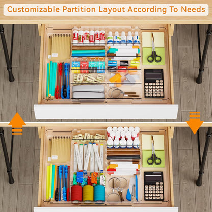 Large Expandable Desk Drawer Organizer Tray for Office Supplies and Accessories With 12 Adjustable Compartments,Office Drawer Organizers for Pencil,Pen and Kitchen Junk Drawer Organizer,Clear