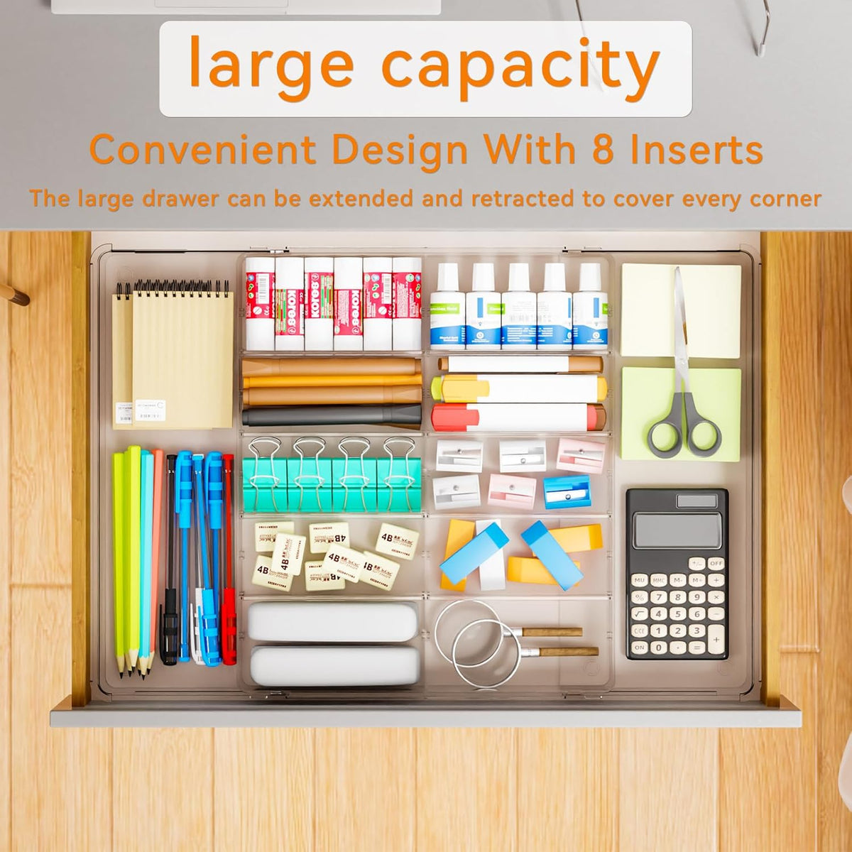 Large Expandable Desk Drawer Organizer Tray for Office Supplies and Accessories With 12 Adjustable Compartments,Office Drawer Organizers for Pencil,Pen and Kitchen Junk Drawer Organizer,Clear