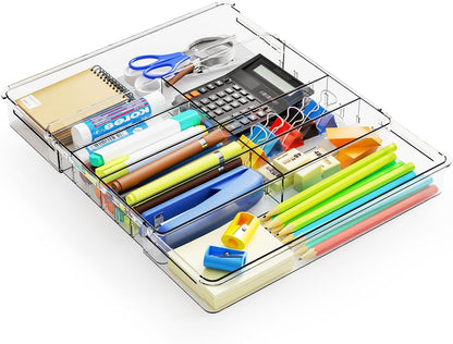 Large Expandable Desk Drawer Organizer Tray for Office Supplies and Accessories With 12 Adjustable Compartments,Office Drawer Organizers for Pencil,Pen and Kitchen Junk Drawer Organizer,Clear