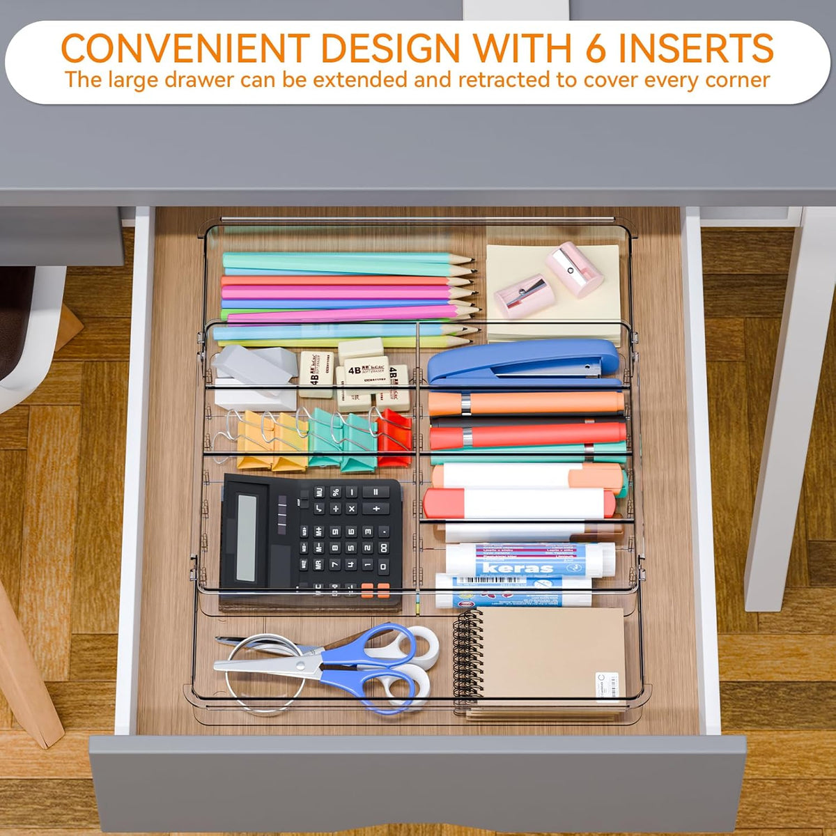 Large Expandable Desk Drawer Organizer Tray for Office Supplies and Accessories With 12 Adjustable Compartments,Office Drawer Organizers for Pencil,Pen and Kitchen Junk Drawer Organizer,Clear