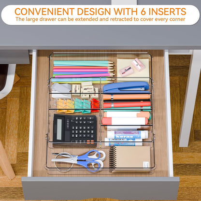 Large Expandable Desk Drawer Organizer Tray for Office Supplies and Accessories With 12 Adjustable Compartments,Office Drawer Organizers for Pencil,Pen and Kitchen Junk Drawer Organizer,Clear