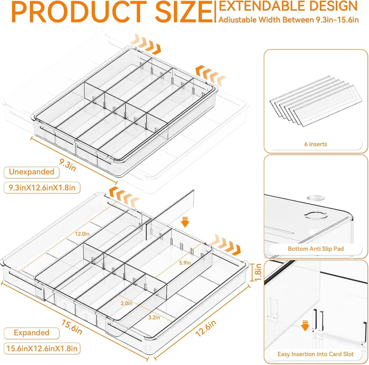 Large Expandable Desk Drawer Organizer Tray for Office Supplies and Accessories With 12 Adjustable Compartments,Office Drawer Organizers for Pencil,Pen and Kitchen Junk Drawer Organizer,Clear