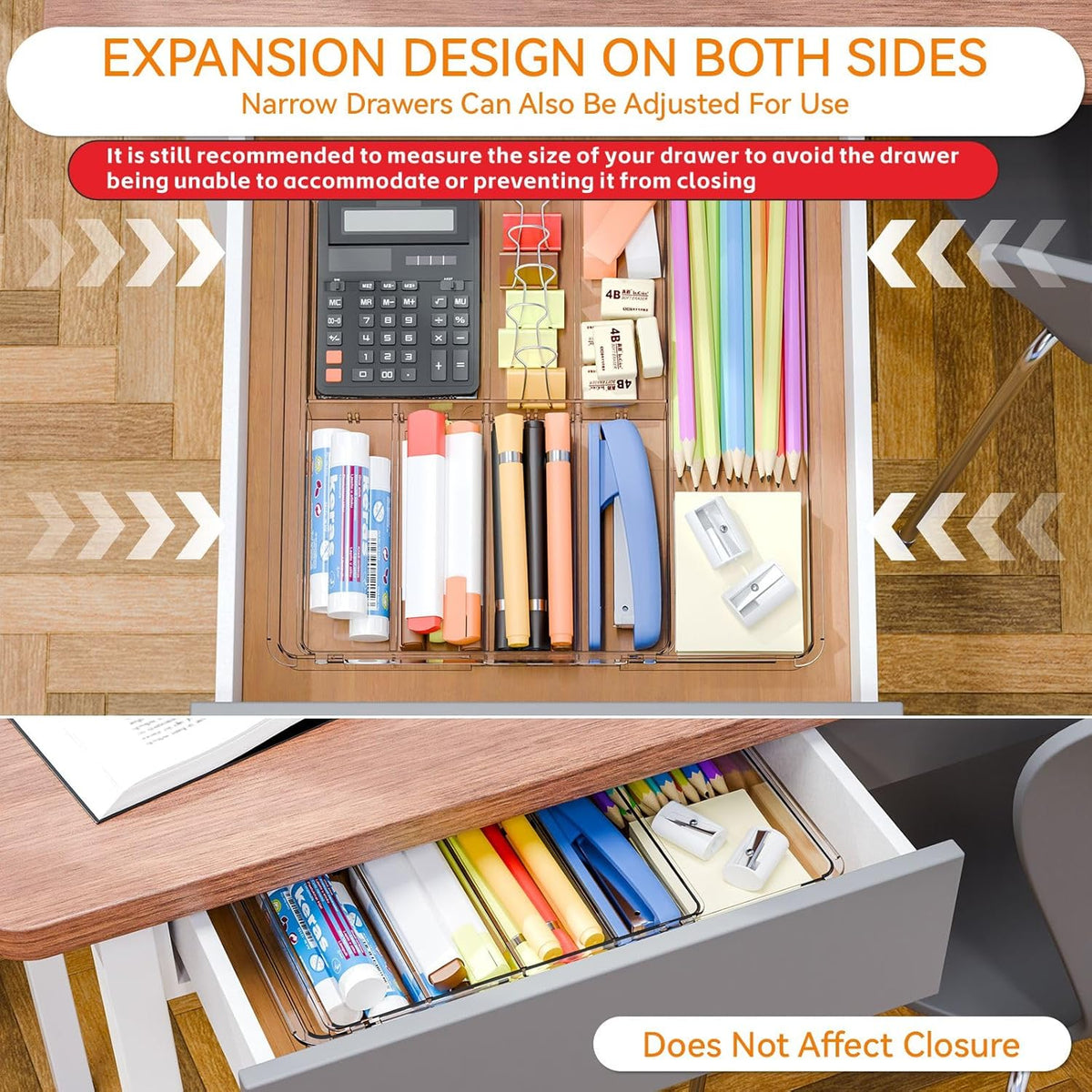 Large Expandable Desk Drawer Organizer Tray for Office Supplies and Accessories With 12 Adjustable Compartments,Office Drawer Organizers for Pencil,Pen and Kitchen Junk Drawer Organizer,Clear
