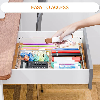 Large Expandable Desk Drawer Organizer Tray for Office Supplies and Accessories With 12 Adjustable Compartments,Office Drawer Organizers for Pencil,Pen and Kitchen Junk Drawer Organizer,Clear